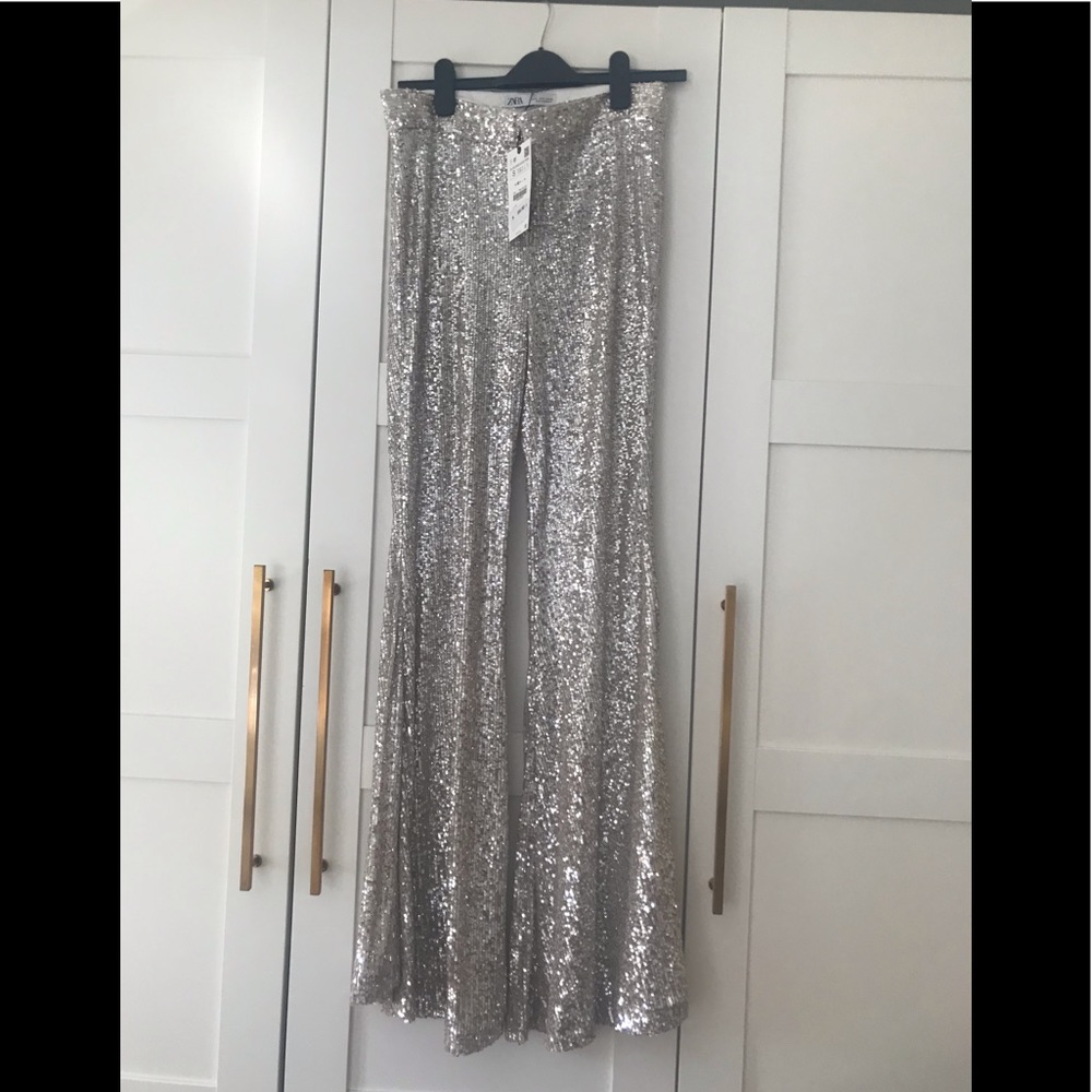 Zara silver sequin flare pants